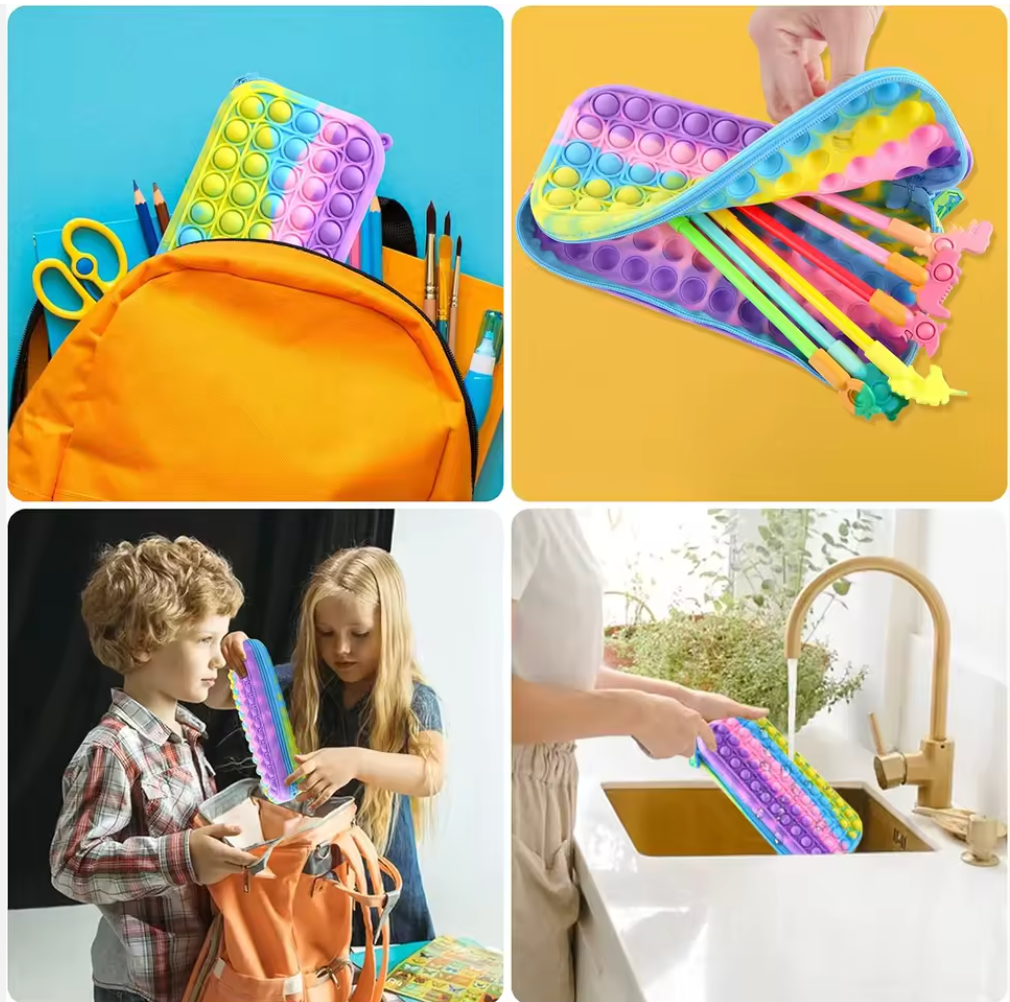 Multi-Storage Pop It Fidget Pencil Case – Rainbow Silicone