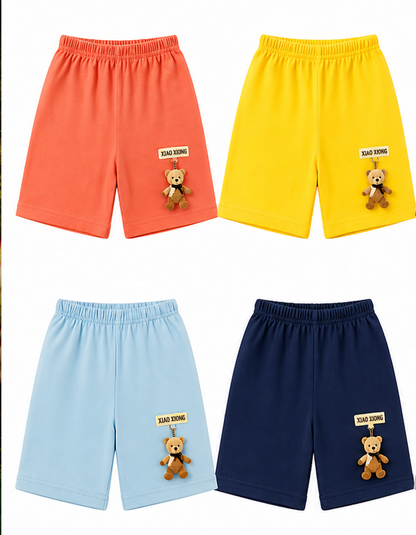 Boys' Cotton Shorts with Hanging Teddy Bear Patch 4-Pack (Random Color Selection)