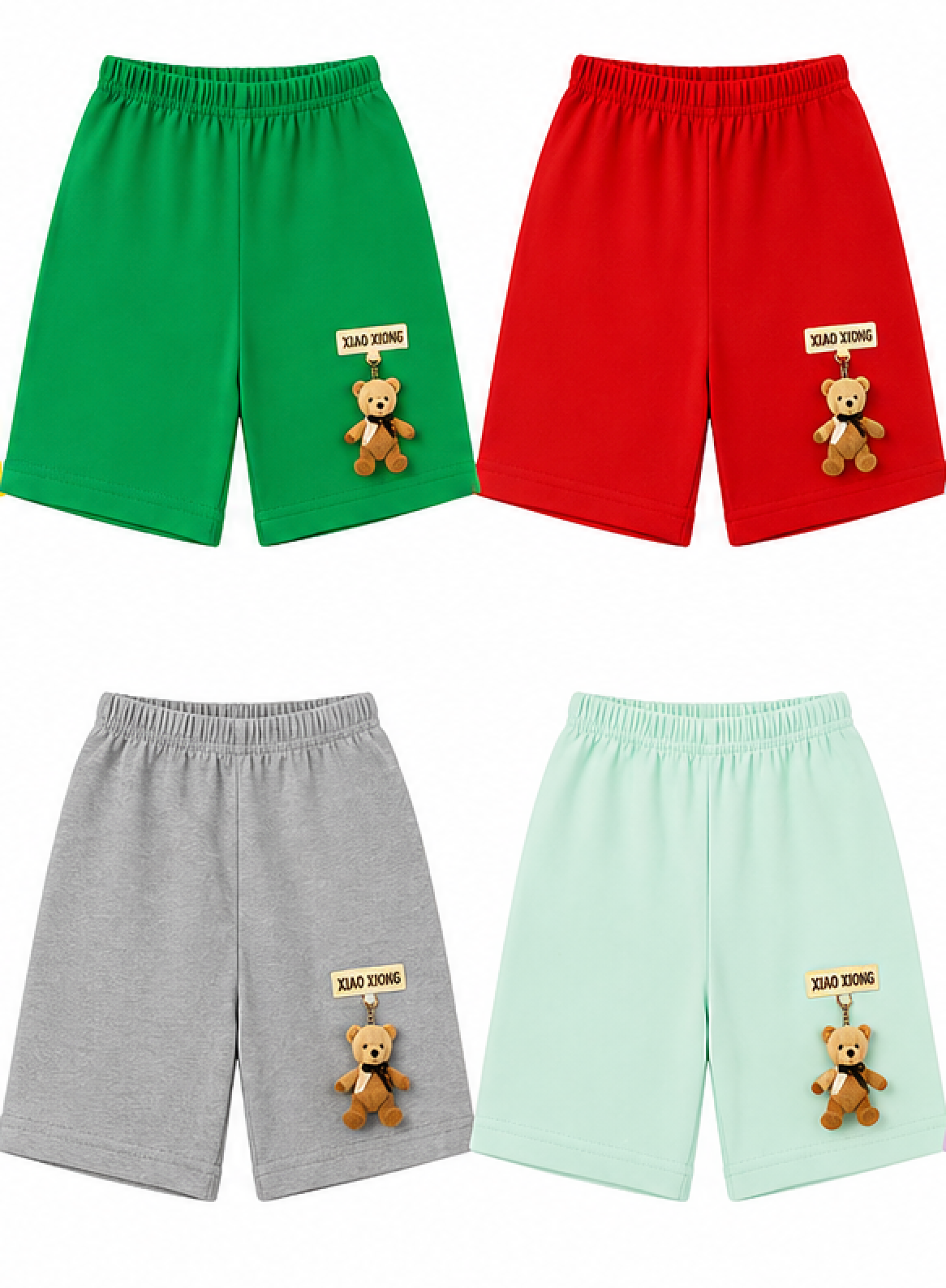 Boys' Cotton Shorts with Hanging Teddy Bear Patch 4-Pack (Random Color Selection)