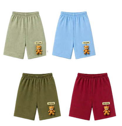 Boys' Cotton Shorts with Hanging Teddy Bear Patch 4-Pack (Random Color Selection)