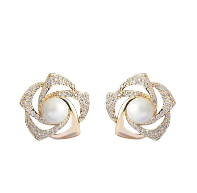 Rose Stud Earrings with White Pearl – Gold-Toned Elegant Design