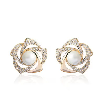 Rose Stud White Pearl Earrings, Gold-toned