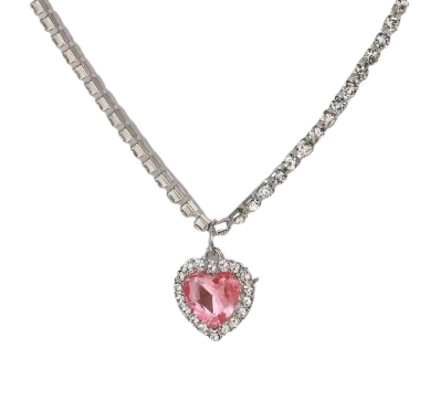 Safe Haven & CO Heart Pink Rhinestone Choker Necklace – Silver Tone