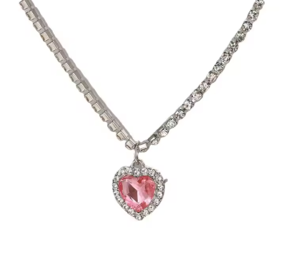Heart Pink Rhinestone Choker Necklace, Silver Tone