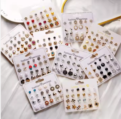 12-Pair Stud Earring Set – Mixed Shapes & Classic Designs