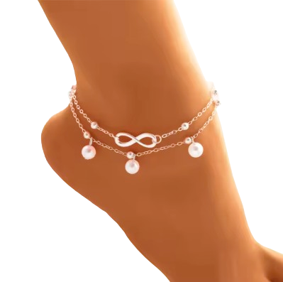 Double Layer Infinity Anklet with Pearl Charms – Gold or Silver Plated