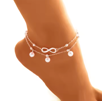 Double Layer Infinity Anklet with Pearl Charms