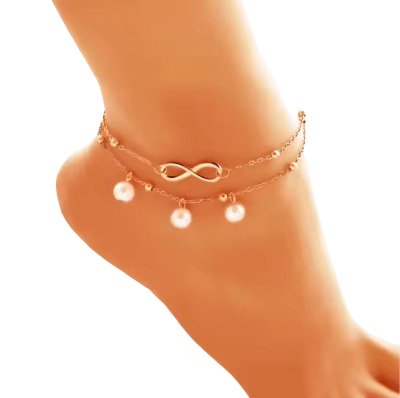 Double Layer Infinity Anklet with Pearl Charms – Gold or Silver Plated