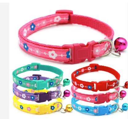 Adjustable Nylon Pet Collar with Flower Print and Bell