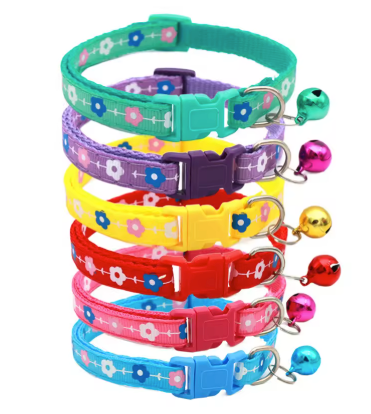 Adjustable Nylon Pet Collar with Flower Print and Bell