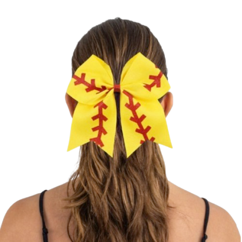 (3-Pack) 7" Softball Hair Bow – Yellow Ribbon Ponytail Bow with Red Stitch Design