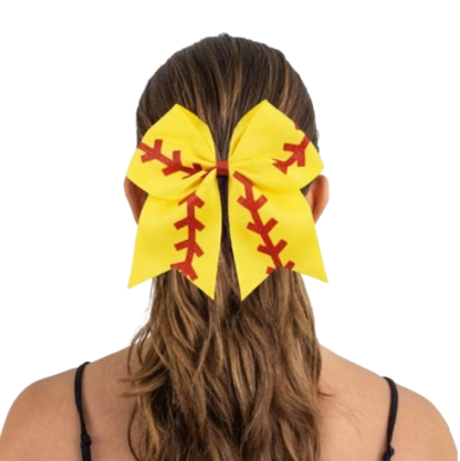 (3-Pack) 7" Softball Hair Bow – Yellow Ribbon Ponytail Bow with Red Stitch Design