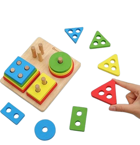 Safe Haven & CO Wooden Shape Sorting Puzzle – Geometric Stacking Educational Toy for Toddlers