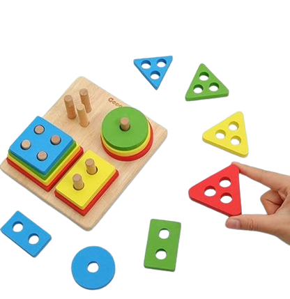 Safe Haven & CO Wooden Shape Sorting Puzzle – Geometric Stacking Educational Toy for Toddlers