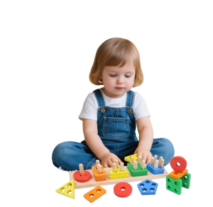 Safe Haven & CO Wooden Shape Sorting Puzzle – Geometric Stacking Educational Toy for Toddlers