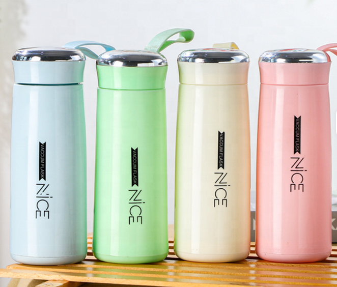 NICE 16 oz (400ml) Pastel Glass Vacuum Insulated Bottle with Protective Silicone Sleeve