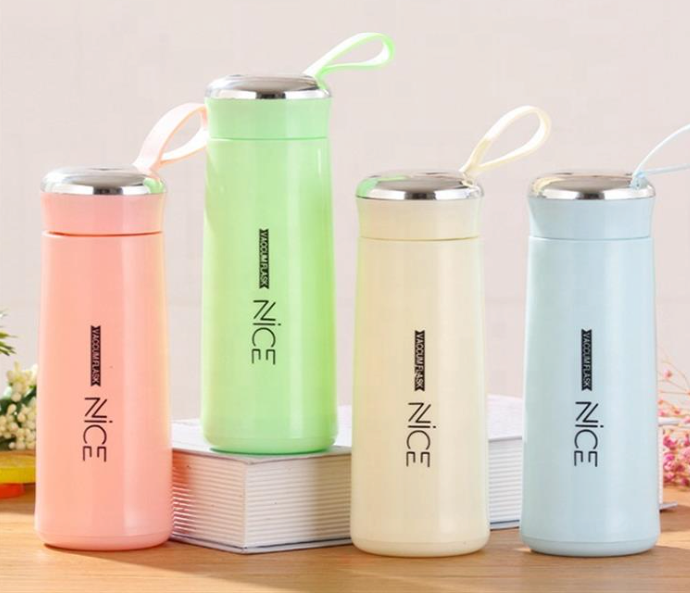 NICE 16 oz (400ml) Pastel Glass Vacuum Insulated Bottle with Protective Silicone Sleeve