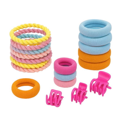 Safe Haven & CO 25-Piece Kids Pastel Hair Tie and Clip Set – Colorful Elastic Bands with Cute Accessories
