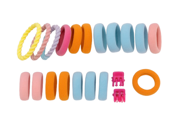 Safe Haven & CO 25-Piece Kids Pastel Hair Tie and Clip Set – Colorful Elastic Bands with Cute Accessories