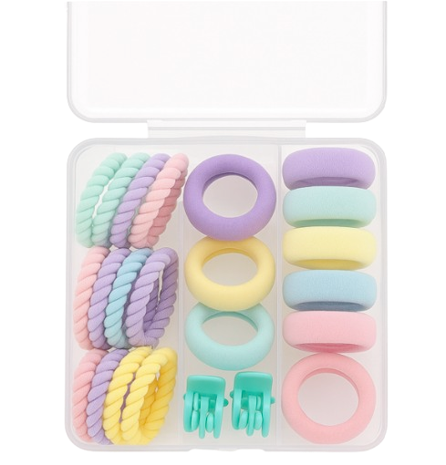 Safe Haven & CO 25-Piece Kids Pastel Hair Tie and Clip Set – Colorful Elastic Bands with Cute Accessories