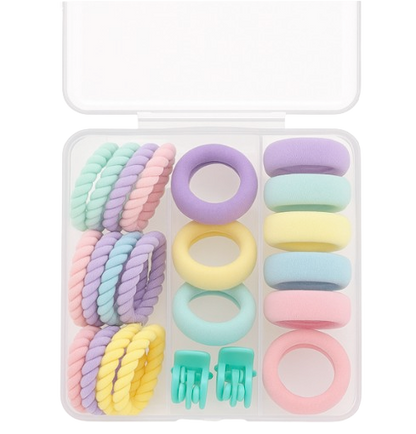 Safe Haven & CO 25-Piece Kids Pastel Hair Tie and Clip Set – Colorful Elastic Bands with Cute Accessories