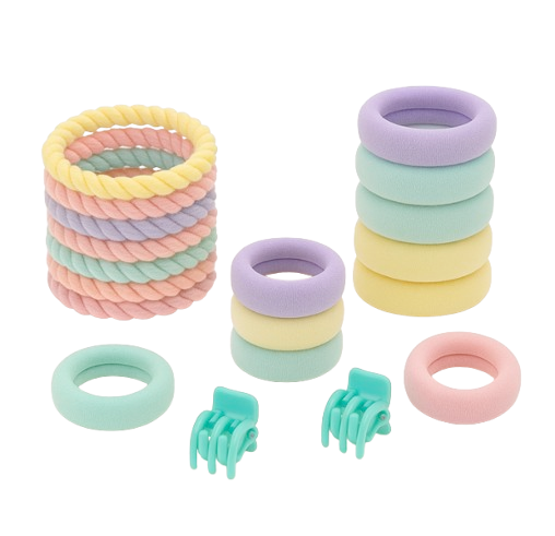 Safe Haven & CO 25-Piece Kids Pastel Hair Tie and Clip Set – Colorful Elastic Bands with Cute Accessories