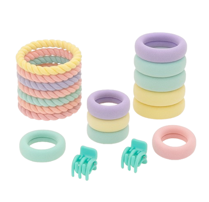 Safe Haven & CO 25-Piece Kids Pastel Hair Tie and Clip Set – Colorful Elastic Bands with Cute Accessories