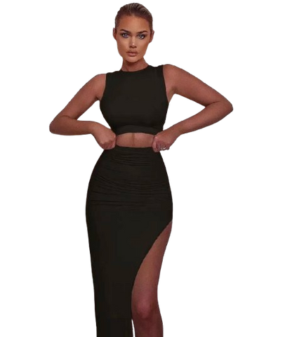Women Fashion Sexy Round Neck Sleeveless Crop Top Split Skirt Two-Piece Set