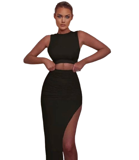 Women Fashion Sexy Round Neck Sleeveless Crop Top Split Skirt Two-Piece Set