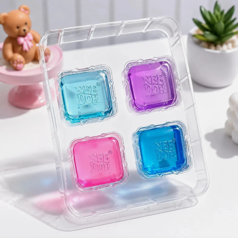 NeeDoh Nice Ice Baby Mini Cube Sensory Fidget Toy – 4-Pack Transparent Squish Set