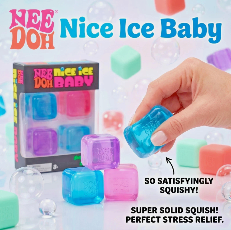 NeeDoh Nice Ice Baby Mini Cube Sensory Fidget Toy – 4-Pack Transparent Squish Set