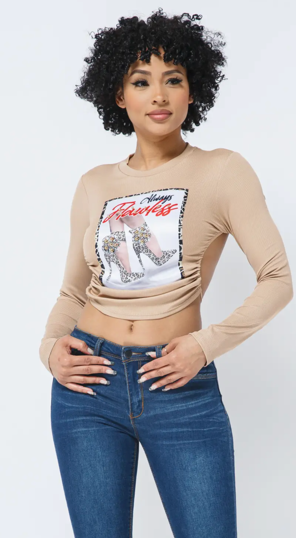 Julia by LoveJ Women’s Shoe Graphic Patch Open Back Tie Long Sleeve Crop Top