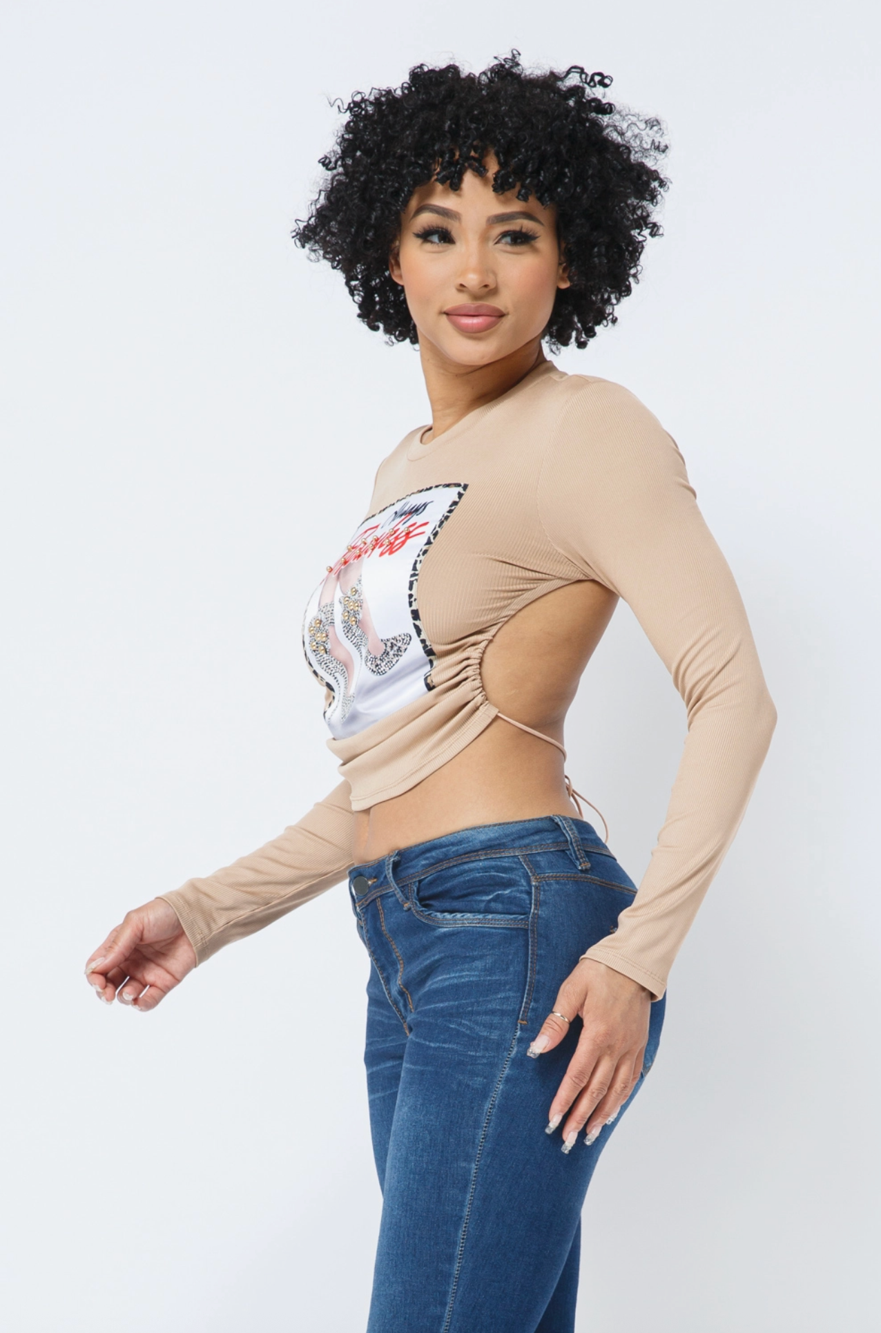 Julia by LoveJ Women’s Shoe Graphic Patch Open Back Tie Long Sleeve Crop Top