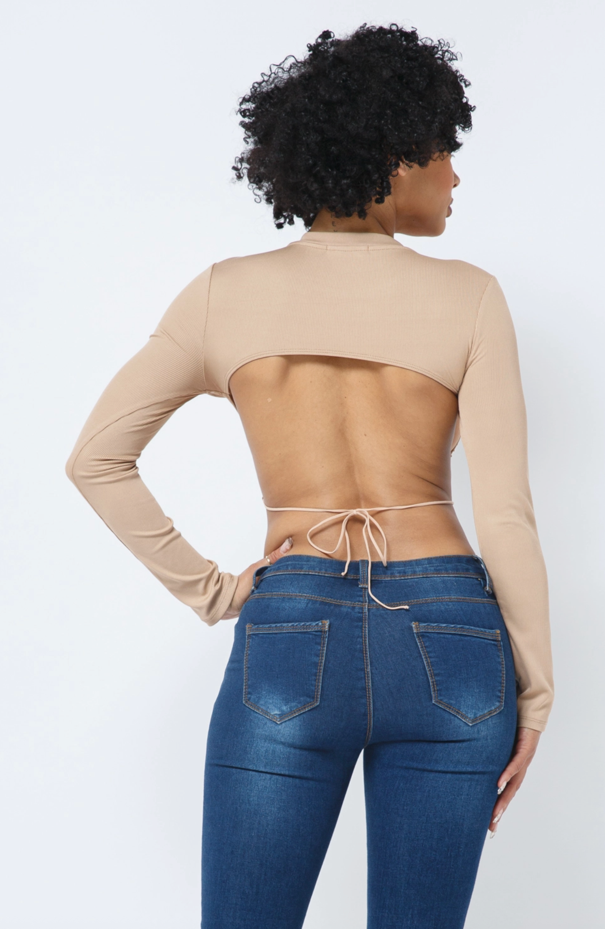 Julia by LoveJ Women’s Shoe Graphic Patch Open Back Tie Long Sleeve Crop Top