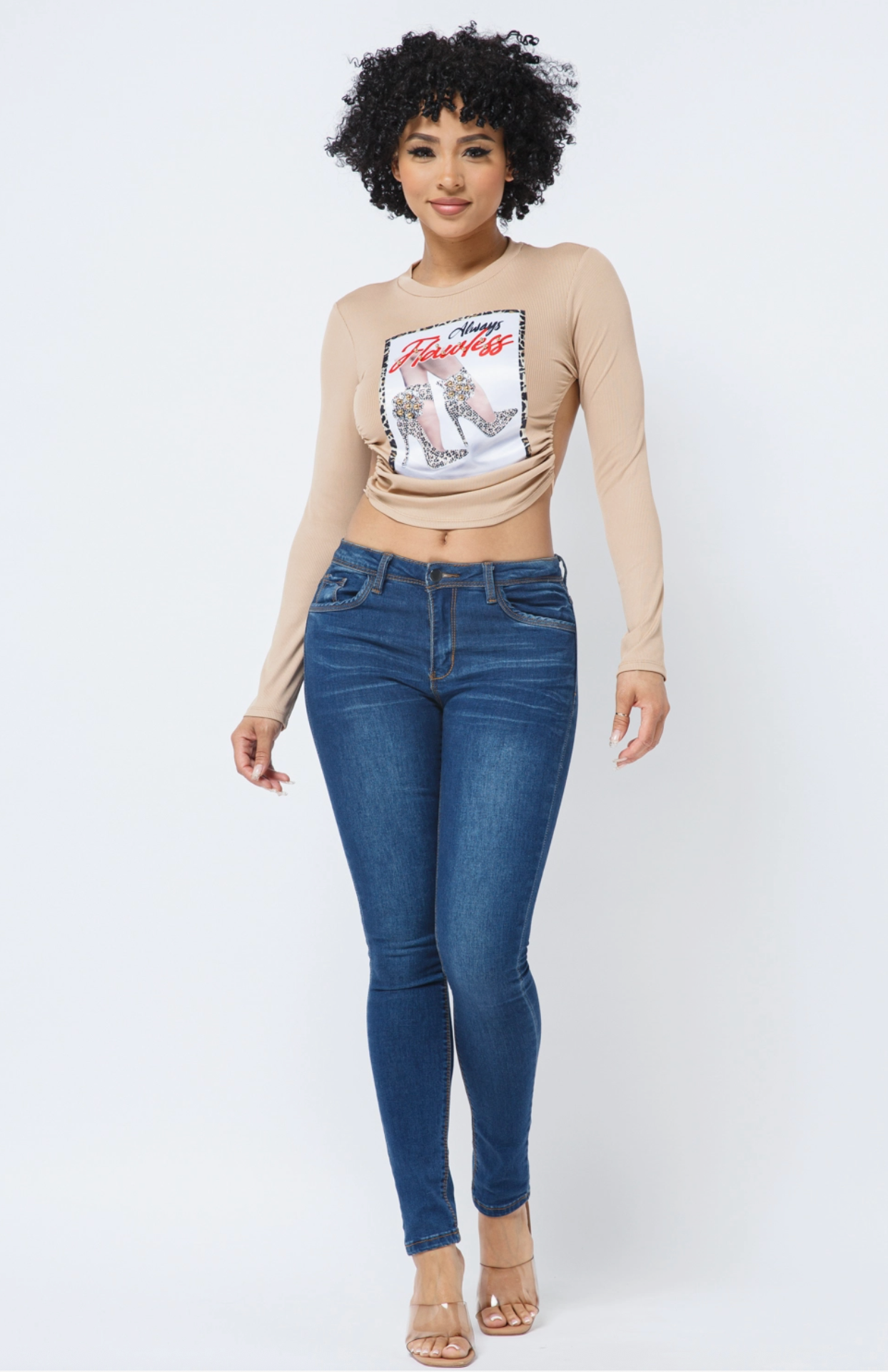 Julia by LoveJ Women’s Shoe Graphic Patch Open Back Tie Long Sleeve Crop Top