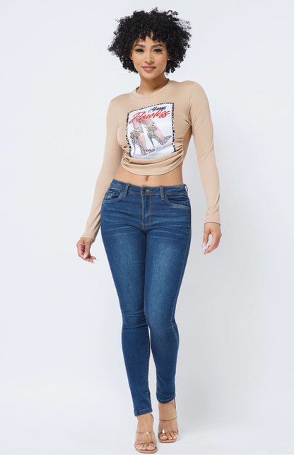 Julia by LoveJ Women’s Shoe Graphic Patch Open Back Tie Long Sleeve Crop Top