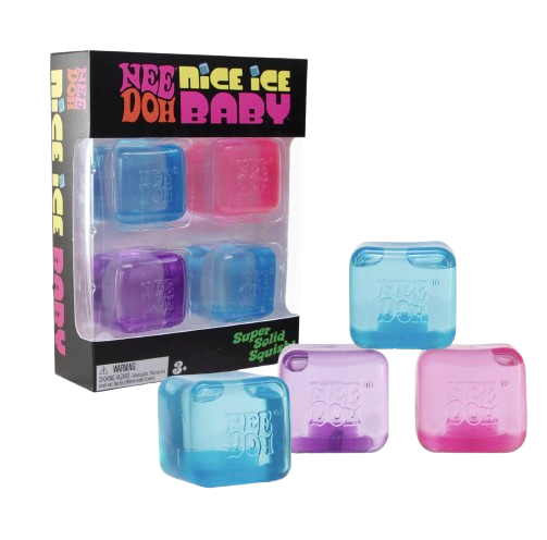 NeeDoh Nice Ice Baby Mini Cube Sensory Fidget Toy – 4-Pack Transparent Squish Set