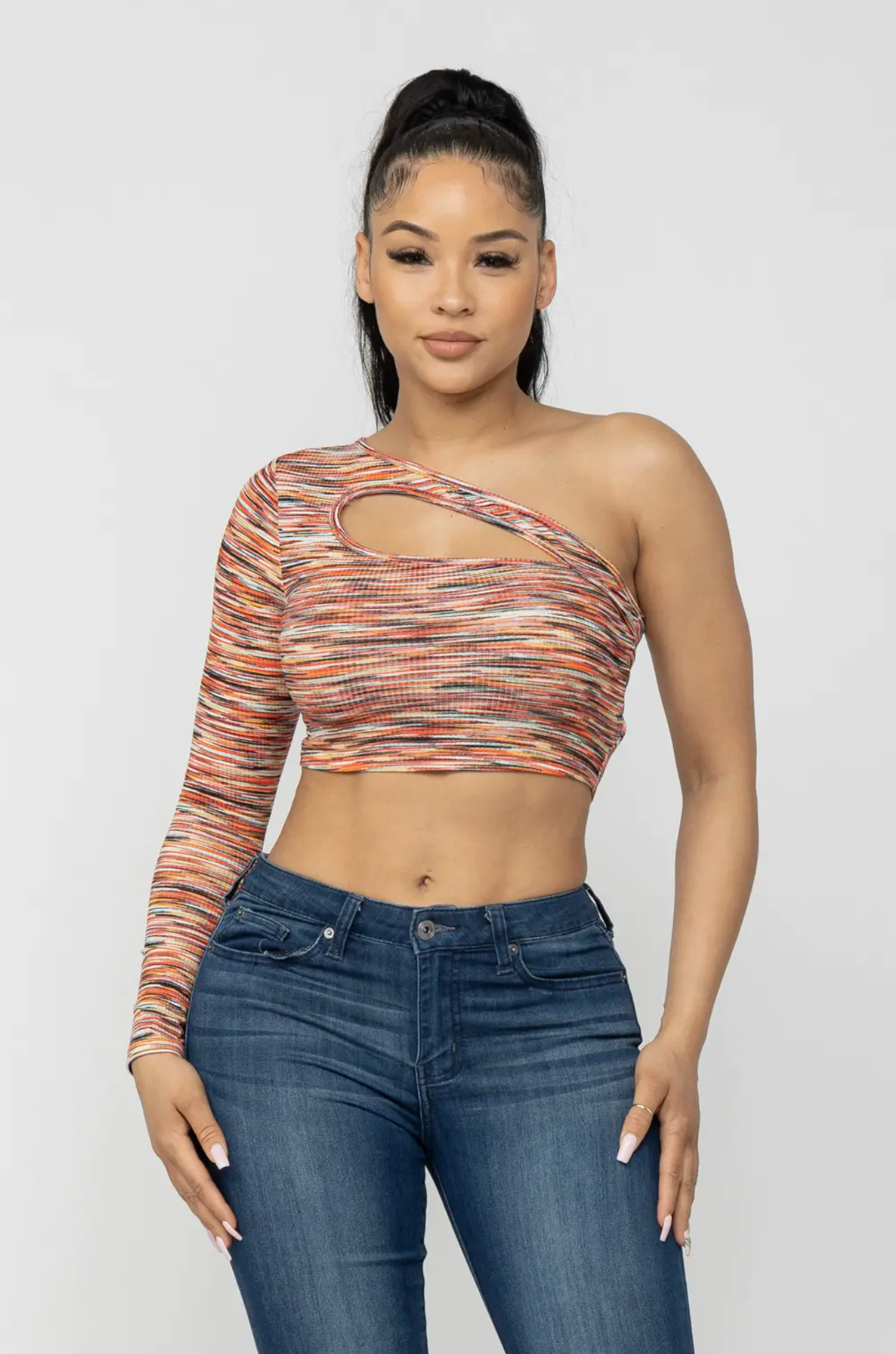 Julia by LoveJ Women’s Space Dye One Shoulder Cutout Long Sleeve Crop Top