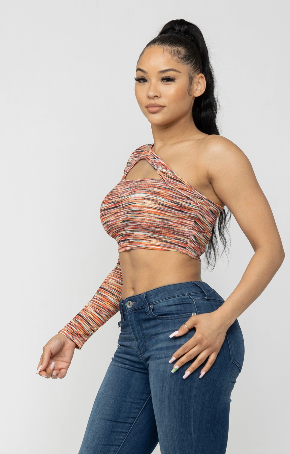 Julia by LoveJ Women’s Space Dye One Shoulder Cutout Long Sleeve Crop Top