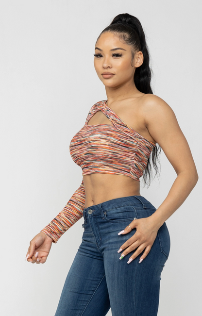 Julia by LoveJ Women’s Space Dye One Shoulder Cutout Long Sleeve Crop Top