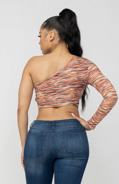 Julia by LoveJ Women’s Space Dye One Shoulder Cutout Long Sleeve Crop Top