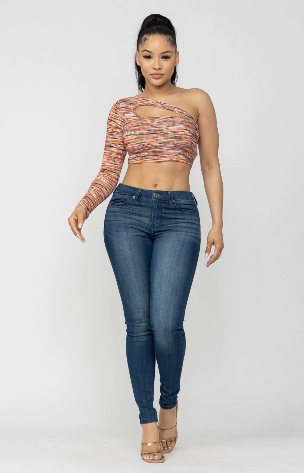 Julia by LoveJ Women’s Space Dye One Shoulder Cutout Long Sleeve Crop Top