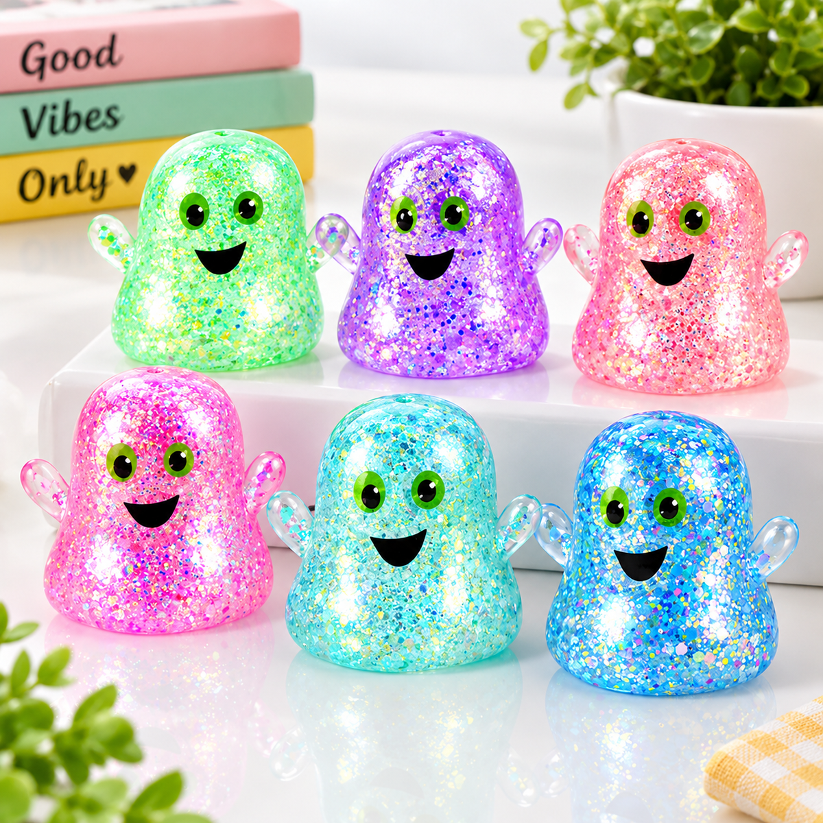 2-Pack Halloween Glitter Ghost Slow-Rebound Squeeze Toys – Random Color Selection
