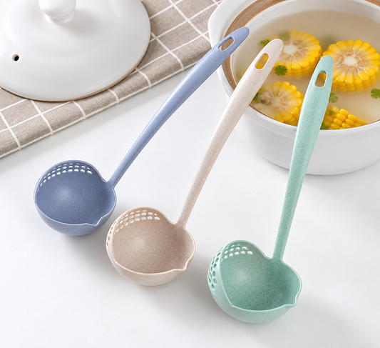 3-Pack Wheat Straw 2-in-1 Soup Ladle & Strainer Spoons – Multi-Purpose Kitchen Serving Utensils
