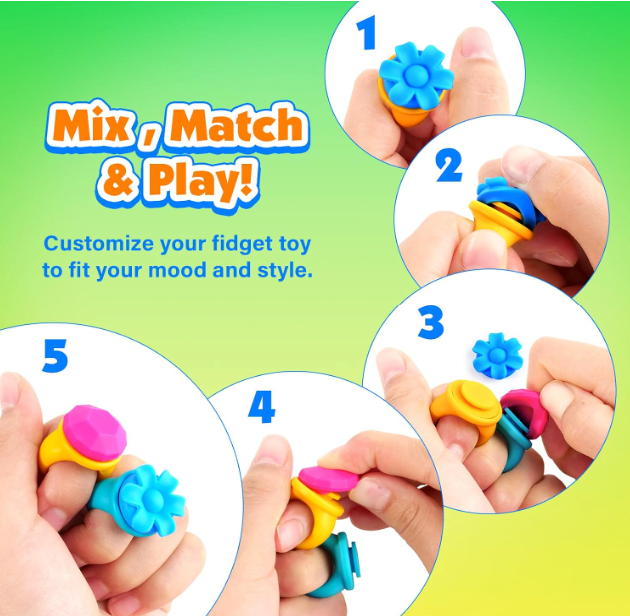Swappable Sensory Fidget Rings – 5-Pack, Spinning Textured Tops, Random Colors & Designs