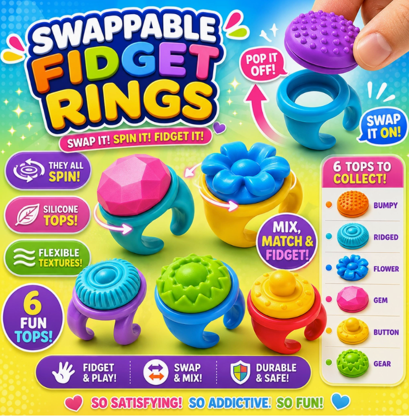Swappable Sensory Fidget Rings – 5-Pack, Spinning Textured Tops, Random Colors & Designs