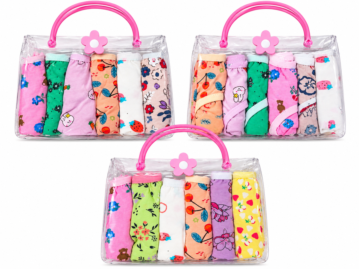 Girls’ Cotton Briefs 6-Pack – Assorted Prints in Clear Tote Bag