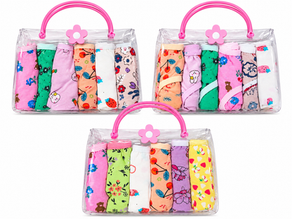 Girls’ Cotton Briefs 6-Pack – Assorted Prints in Clear Tote Bag