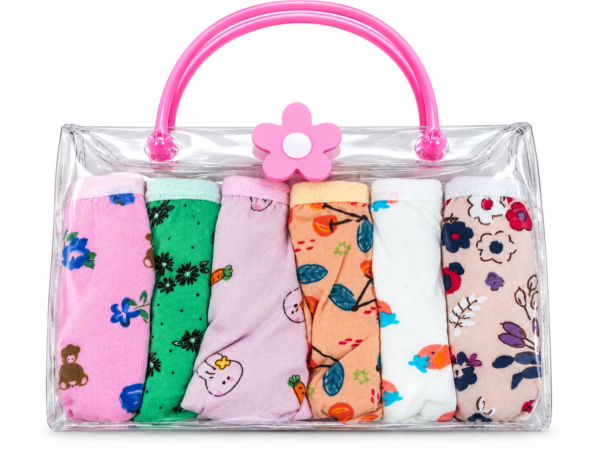 Girls’ Cotton Briefs 6-Pack – Assorted Prints in Clear Tote Bag