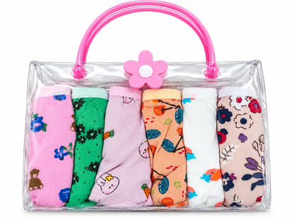 Girls’ Cotton Briefs 6-Pack – Assorted Prints in Clear Tote Bag